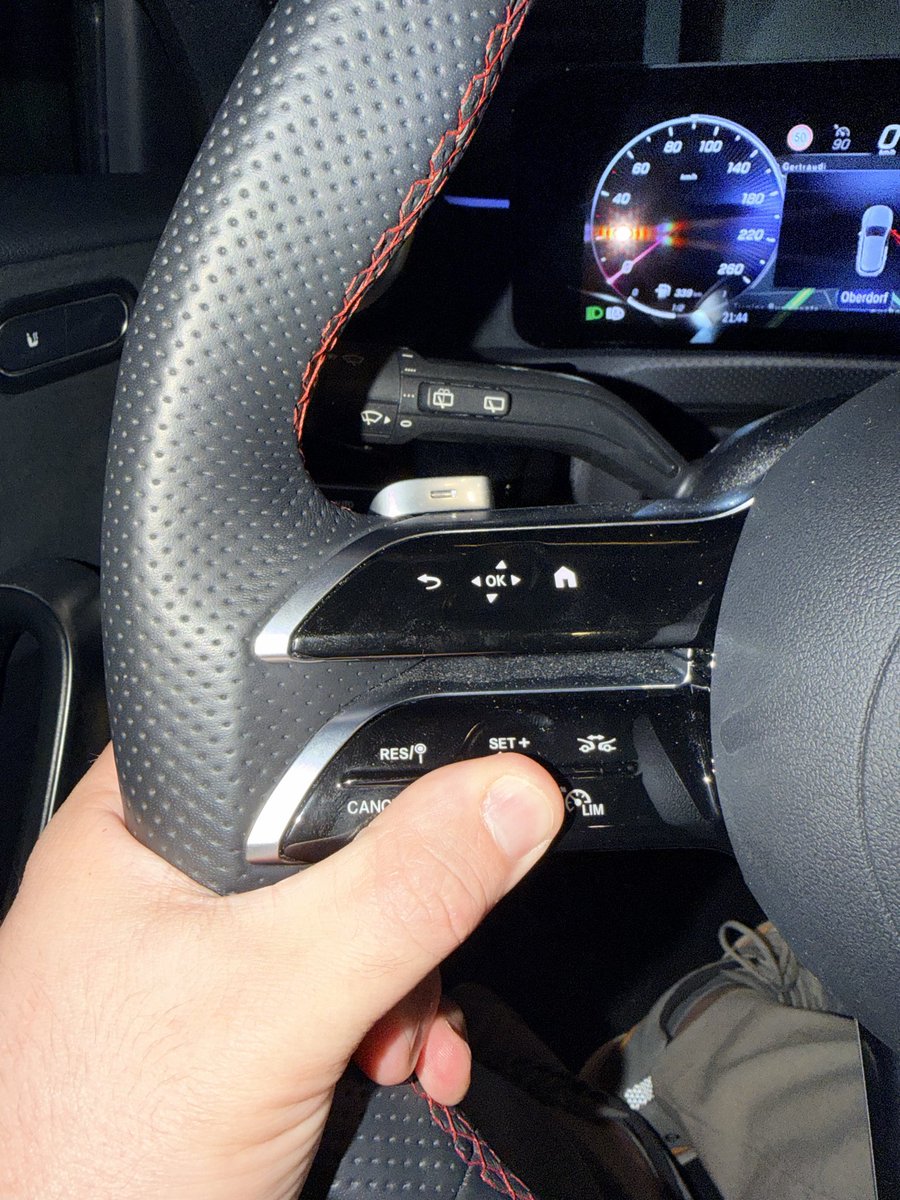 GeorgyOset's tweet photo. You are pressing the button to reduce cruise control speed and that deactivates the cruise control system itself. That’s some buggy Chinese car you think? No, that’s brand new @MercedesBenz!

In attempt to reduce costs their genius engineers came up with the idea to merge the buttons under same pane. Thus your most natural finger position to press “set-“ to reduce speed is pressing the “Cancel” button the same time. And because buttons are merged there is no tactile distinction. 

Bravo @MercedesBenzUSA, well saved 5 cents!