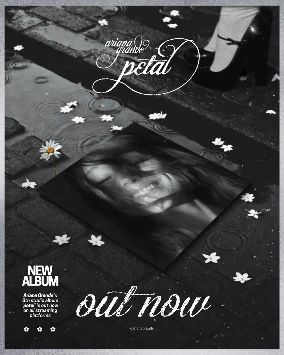 darianabrande's tweet photo. Ariana Grande’s 8th studio album “petal” is out now on all streaming platforms ꕤ

— follow @darianabrande for updates on the album’s performance https://t.co/Ap1zeKIgAW