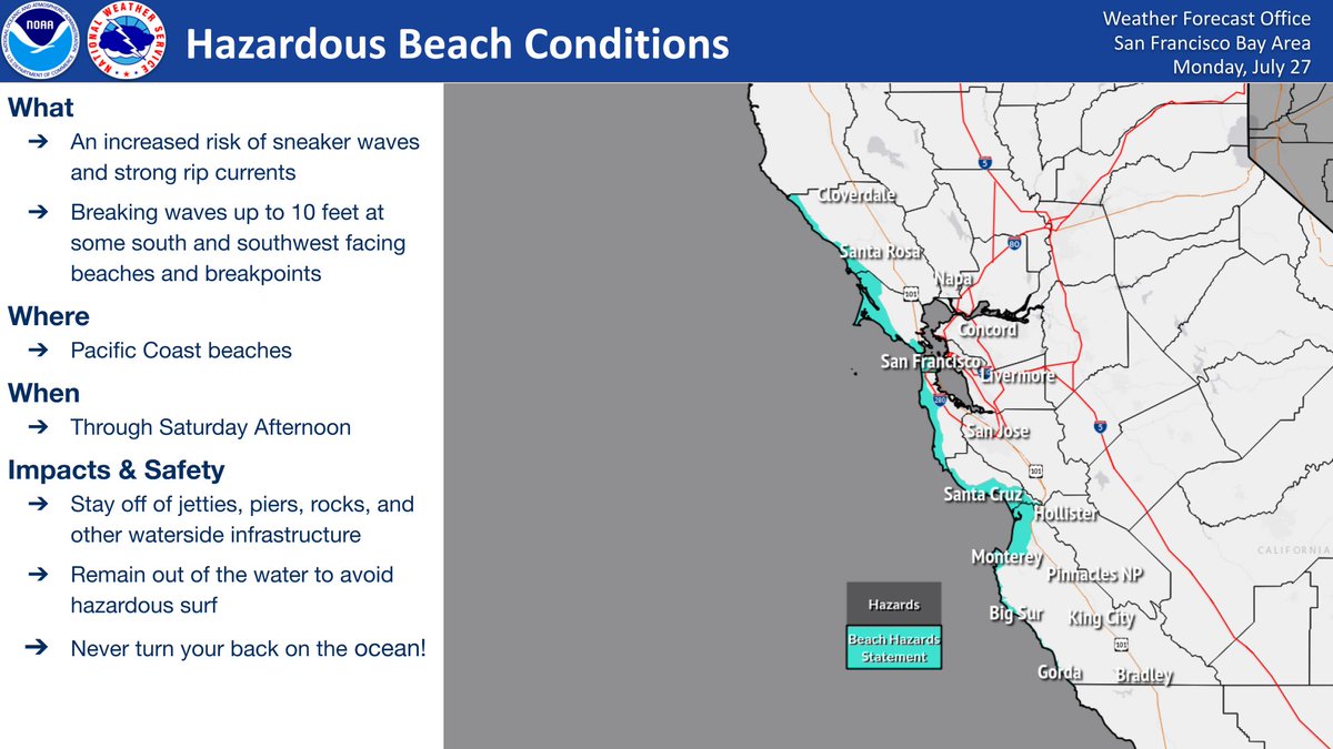 NWSBayArea's tweet photo. 🚨Beach Hazards Statement extended through Saturday evening, that combined w/ warmer temperatures creates the potential for increasing water rescues. Don't put yourself in a position that requires being rescued. Never turn your back on the water and swim near lifeguards #CAwx https://t.co/yYISeQMScS