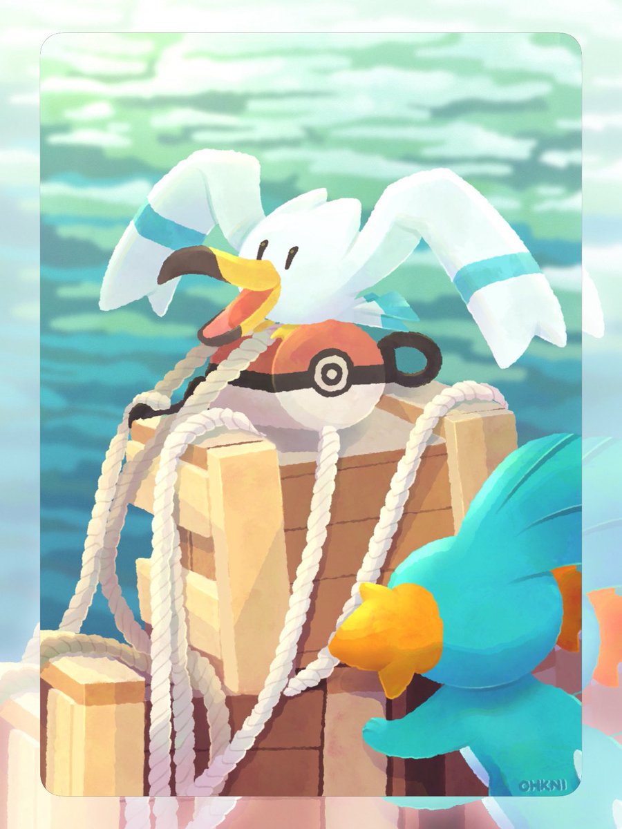 Ohkni's tweet photo. It’s a bright and sunny day by the docks and Wingull and Mudkip are helping secure some cargo for the local fishermen! 🌊💙

Tags: #pokemon #pokémon #summer #mudkip #pokemonart https://t.co/ftBAgGP6yx