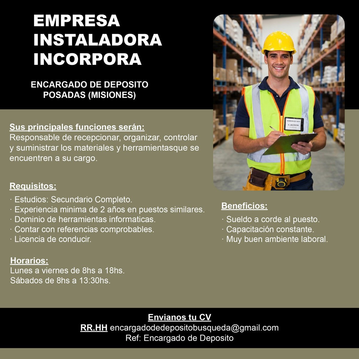 tneaar's tweet photo. 🟡⚫️ #Posadas - Empresa instaladora busca #ENCARGADO DE #DEPÓSITO

👉Enviá tu CV a: 📧encargadodedepositobusqueda@gmail.com con Asunto: "Encargado de Depósito"

#TNEA #Posadas #empleoar #trabajoar https://t.co/awFCRSnfmc