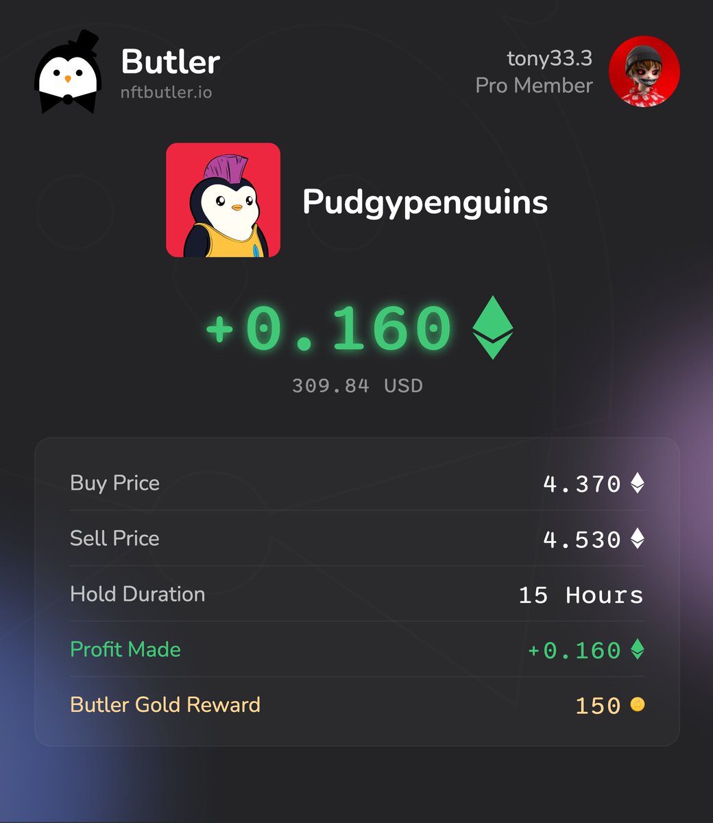 TonyNFT33's tweet photo. 0.160 Ξ profit on a single trade 💰📈

Sharing my best Flip this month to get fat stacks of 150 Butler Gold 🟠
Stacking profits is so much easier with NFT Butler!🐧

#NFT #NFTCommunity #NFTButler

https://t.co/KuqoDlR9jW https://t.co/2Muqy3tTTF