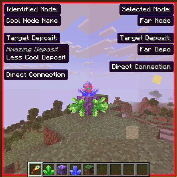 A Minecraft player is looking through a spyglass at colorful amethyst clusters. A blue cluster is being observed, showing the player information about the block. "Identified Node: Cool Node Name, Target Deposit: Amazing Deposit Less Cool Deposit, Direct Connection, Selected Node: Far Node, Target Deposit: Far Depo, Direct Connection"