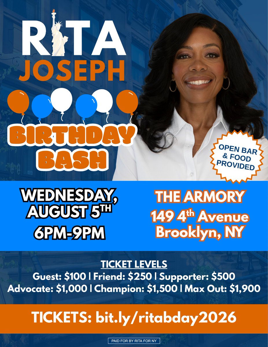 RitaJosephNYC's tweet photo. Come celebrate with me on Wednesday, August 5th at 6pm at The Armory in Brooklyn for my annual birthday fundraiser!

🎟️Get your tickets here: https://t.co/nlakYYKrXt https://t.co/lXVhRuUJLh
