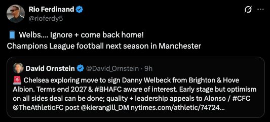 GoalCrestX's tweet photo. 🚨📲 NEW: Rio Ferdinand's message to Danny Welbeck on X:

🗣️ "Welbs... Ignore it and come back home! Champions League football awaits next season in Manchester." 🏆

#RioFerdinand #DannyWelbeck #ManchesterUnited #Football #GoalChest https://t.co/YbfelocxJg