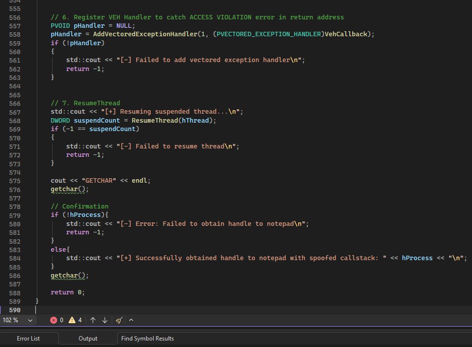 Salsa12__'s tweet photo. Thread Call Stack Spoofing (Fake Traces)

- Create suspended thread
- Get thread context
- Build fake call stack
- Set syscall arguments and redirect 
- Apply modified context
- Register VEH handler
- Resume thread
- Execute with spoofed call stack
- Handle exception &amp; restore https://t.co/R8yBrMX1HO