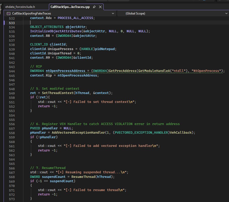 Salsa12__'s tweet photo. Thread Call Stack Spoofing (Fake Traces)

- Create suspended thread
- Get thread context
- Build fake call stack
- Set syscall arguments and redirect 
- Apply modified context
- Register VEH handler
- Resume thread
- Execute with spoofed call stack
- Handle exception &amp; restore https://t.co/R8yBrMX1HO