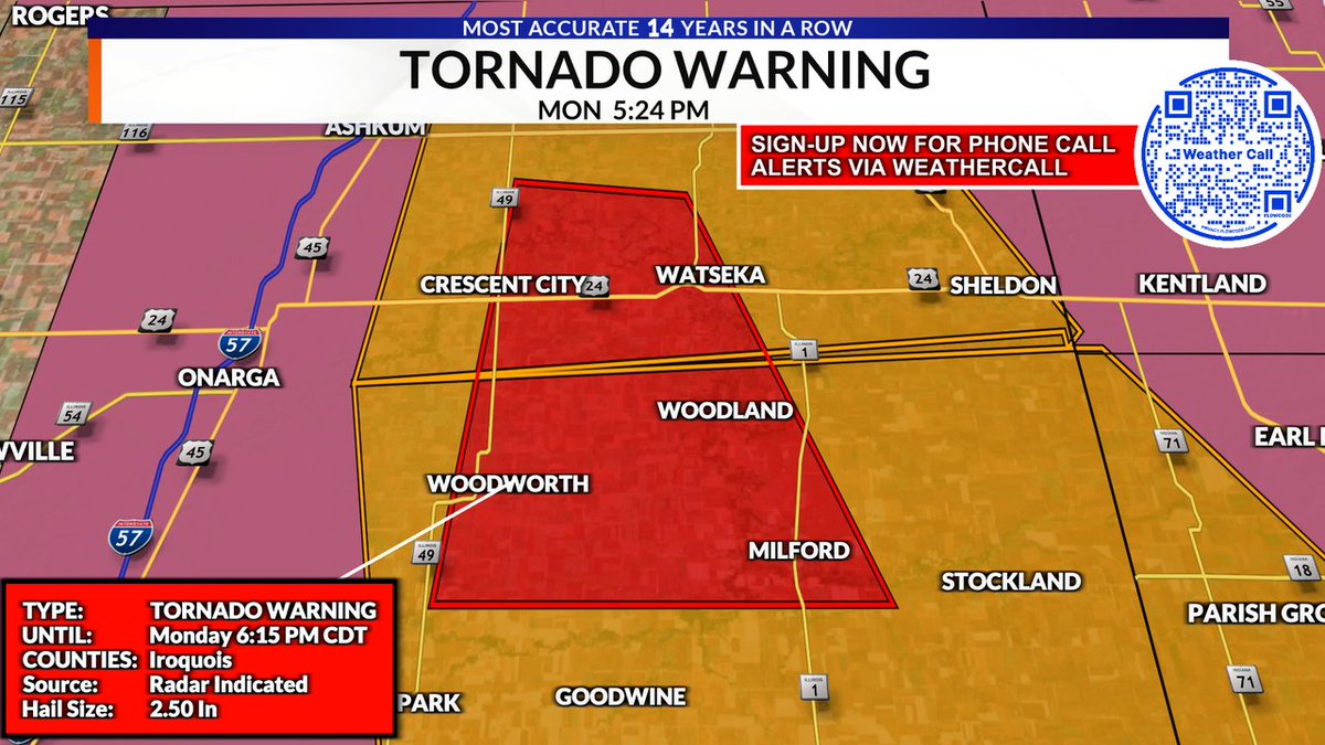 jacobdickeywx's tweet photo. NEW: A Tornado Warning has been issued for a part of the WCIA 3 Viewing Area until Jul 27, 2026 6:15PM. #cILwx #ILwx https://t.co/jZrn1UnTvC