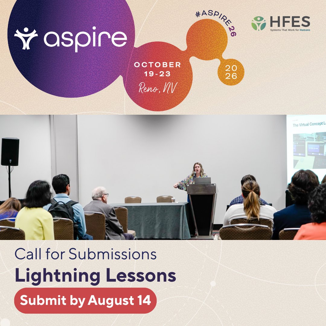 HFES's tweet photo. Lightning Lessons provide a platform for you to share your knowledge. Whether you have innovative solutions to discuss or quick insights to share in a brief format, your participation will help us create a dynamic and enriching experience for all. https://t.co/qgfsoGhsUO https://t.co/SgnIh1gUAi