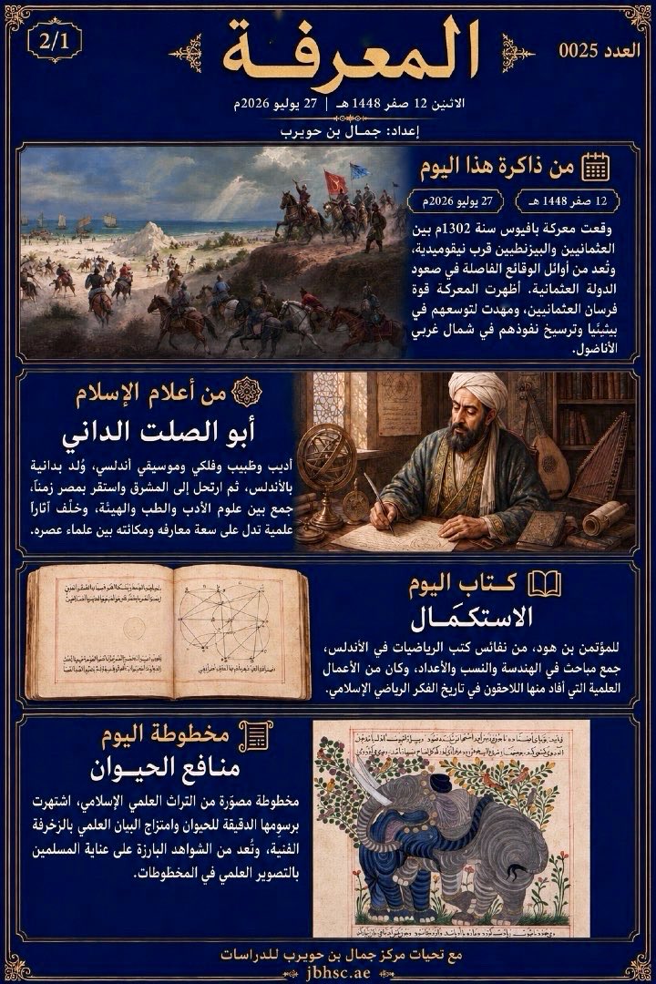 JamalBnHuwaireb's tweet photo. 🌅المعرفة | العدد 0025
الاثنين 12 صفر 1448هـ | 27 يوليو 2026م
إعداد: جمال بن حويرب

📅 من ذاكرة هذا اليوم

27 يوليو 1302م

وقعت معركة بافيوس، المعروفة في المصادر التركية بمعركة قويون حصار، بين جيش الإمارة العثمانية الناشئة بقيادة عثمان بن أرطغرل، وقوة بيزنطية أُرسلت لحماية نيقوميديا ووقف التوسع العثماني في بيثينيا.
انتهت المعركة بانتصار عثمان، فضعفت السيطرة البيزنطية على الأرياف المحيطة بمدنها المحصنة، وكانت من المحطات المبكرة المهمة في انتقال العثمانيين من إمارة حدودية صغيرة إلى قوة إقليمية صاعدة.

👤 من أعلام الإسلام

أبو الصلت الداني

أمية بن عبد العزيز بن أبي الصلت، عالم أندلسي موسوعي، وُلد في دانية نحو سنة 460هـ، وتنقّل بين الأندلس ومصر وإفريقية، وتوفي في بجاية سنة 529هـ/1134م.
جمع بين الطب والفلك والرياضيات والفلسفة والموسيقى والأدب، واشتهرت بعض مؤلفاته في الآلات الفلكية في العالم الإسلامي وأوروبا، وعُرف في المصادر اللاتينية باسم Albuzale. ويمثل نموذجًا للعالم الموسوعي الذي جمع بين العلوم والآداب والفنون.

📚 كتاب اليوم

كتاب الاستكمال

موسوعة رياضية ألّفها المؤتمن بالله يوسف بن هود، ملك سرقسطة في القرن الخامس الهجري. جمع فيها نتائج الهندسة والحساب، وسعى إلى تنظيمها في بناء علمي مترابط.
لم يصل الكتاب كاملًا، وإنما بقيت منه أجزاء متفرقة، تعرّف الباحثون إلى بعضها في مخطوطات كانت مجهولة النسبة، ومنها مخطوطة محفوظة في مكتبة جامعة ليدن. ويُعد «الاستكمال» من أهم الآثار الرياضية التي أُلّفت في الأندلس خلال القرن الحادي عشر الميلادي.

📜 مخطوطة اليوم

منافع الحيوان – ابن بختيشوع

أوراق من نسخة مصوّرة متأخرة لكتاب يُنسب إلى عبيد الله بن بختيشوع، وتبحث في طبائع الحيوانات ومنافعها وما نُسب إليها من خواص علاجية.
ترجع الأوراق الباقية إلى أواخر القرن السابع الهجري، نحو سنة 1300م، وتضم رسومًا للثيران والنسور والحيات وغيرها. وتكشف رسومها عن امتزاج تقاليد التصوير الإسلامي في إيران بتأثيرات فنية صينية ظهرت في العصر المغولي.

🏛 معلم من الحضارة الإسلامية

الجامع الكبير وقصر حسني كُبوة – كِلْوة كيسيواني، تنزانيا 🇹🇿

ازدهرت كِلْوة كيسيواني بوصفها مدينة إسلامية بحرية كبرى، ارتبطت تجارتها بالجزيرة العربية والهند وبلاد فارس وداخل القارة الأفريقية.
ومن أبرز معالمها الجامع الكبير، وهو من أقدم المساجد الباقية على ساحل شرق أفريقيا، وقصر حسني كُبوة، أحد أضخم القصور الساحلية في المنطقة. وشُيّدت مباني المدينة بالحجر المرجاني، فغدت شاهدًا نادرًا على حضارة السواحليين الإسلامية.

🕌 مسجد من العالم

مسجد بيت الرؤوف – دكا، بنغلاديش 🇧🇩

مسجد معاصر صممته المعمارية البنغلاديشية مارينا تبسُّم، وشُيّد بالطوب المحلي مستلهمًا عمارة مساجد سلاطين البنغال، من غير قبة ظاهرة أو مئذنة تقليدية.
وُضعت قاعة الصلاة الأسطوانية داخل غلاف مربع لتصحيح اتجاه القبلة، وفتحت حولها أفنية للضوء والتهوية. وتتسلل أشعة الشمس من فتحات السقف والجدران فترسم أنماطًا متحركة داخل المصلى. وفاز المسجد بجائزة الآغا خان للعمارة سنة 2016م.

🌍 الإسلام حول العالم

المسلمون الشَّام في كمبوديا 🇰🇭

ينحدر معظم مسلمي كمبوديا من شعب الشَّام، وهم ورثة مملكة تشامبا التي قامت في أجزاء من فيتنام الحالية. وأدت الحروب وسقوط أراضي تشامبا إلى موجات من هجرتهم نحو كمبوديا، حيث استقروا في قرى على ضفاف نهر الميكونغ وبحيرة تونلي ساب.
تعرض الشَّام لاستهداف واسع في عهد الخمير الحمر، ثم أعادوا بعد سقوط النظام بناء المساجد والمدارس ومؤسساتهم الدينية. ولا تزال اللغة والذاكرة التاريخية وعادات الصيد والتجارة النهرية عناصر بارزة في هويتهم.

📖 معجم اللغة

الخَميس • المُقدّمة • القَلْب • المَيْمَنة • المَيْسَرة • السّاقة

الخميس: الجيش؛ لانقسامه إلى خمسة أقسام.

المقدمة: طليعته.

القلب: وسطه وموضع قيادته.

الميمنة: جناحه الأيمن.

الميسرة: جناحه الأيسر.

الساقة: مؤخرته وحامية ظهره.

💎 درر العلماء

قال الراغب الأصفهاني:

"حقُّ المترشّح لتعلُّم الحقائق أن يطهّر نفسه من رديء الأخلاق، تطهيرَ الأرض للبذر من خبائث النبات".

من كتاب «الذريعة إلى مكارم الشريعة».

يشبّه الراغب النفس بالأرض؛ فلا يثمر فيها العلم ثمرته الصحيحة حتى تُنقّى من الكبر والحسد وسوء الخلق، كما لا يصلح البذر في أرض غلبت عليها الآفات.
