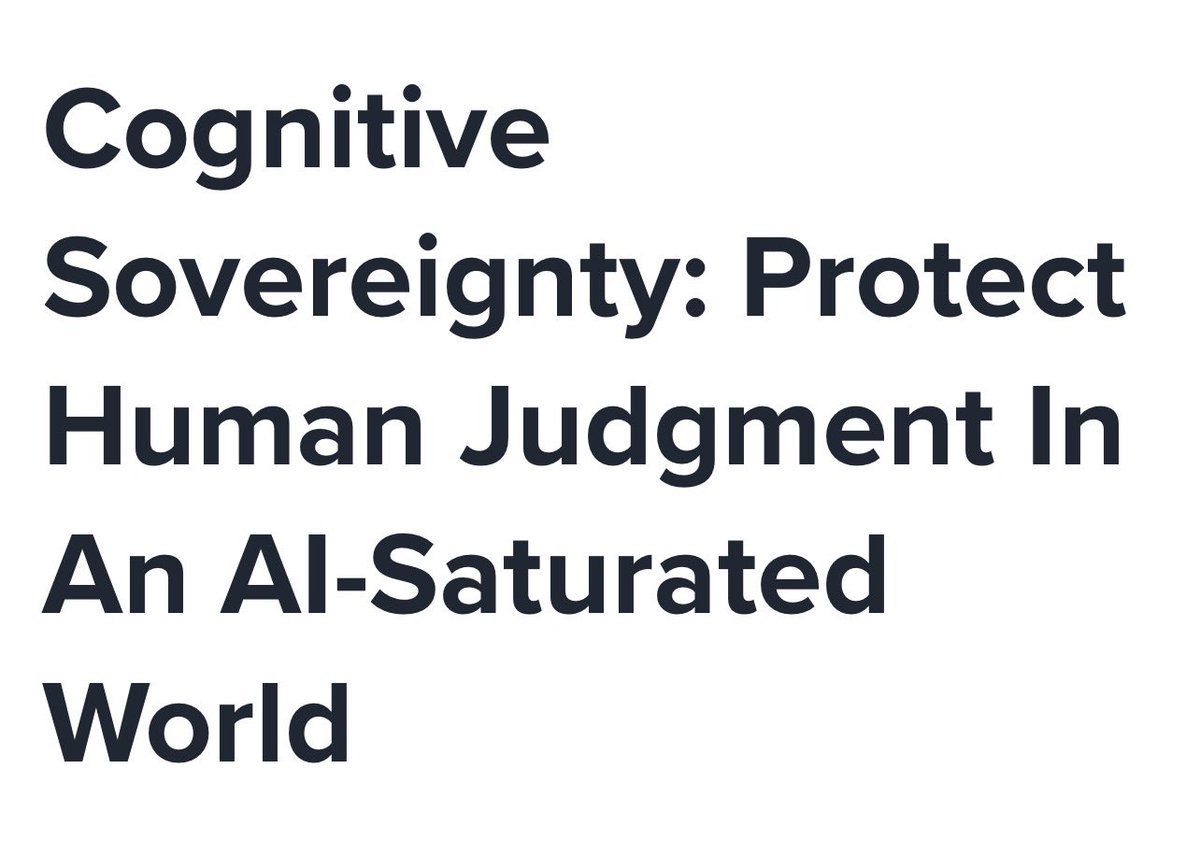 JohnRDallasJr's tweet photo. Misunderstanding and misuse of AI threatens cognitive sovereignty.
Ignorance about metacognition threatens cognitive sovereignty.
@grok adds:
“The accompanying post by @JohnRDallasJr reinforces #TechResistance by advocating metacognition as essential for #CognitiveSovereignty, urging people to think with AI tools—while refusing to let algorithms handle core thinking, decision-making, or belief formation.
• Dallas, a metacognition skills training (MST) strategist and @EnclaveAcademy CEO, builds on a quoted @Harvard Gazette article about widespread AI pushback, including lack of user consent for pervasive integration into devices and software, and trends like ‘analog summers’ and offline hobbies reclaiming personal agency.
• Drawing on Winston Churchill’s ‘never give in’ speech, Dallas frames persistent human-led thinking as a stand against external systems threatening cognitive sovereignty and diminishing individual authorship over thinking, thoughts, and other actions.” —Grok
Pause. Breathe.
#ThinkToThink™ it all in—then out.
Click to read brilliant views from @forrester.
Keep calm and think on.™
https://t.co/fbnxmDJAyi