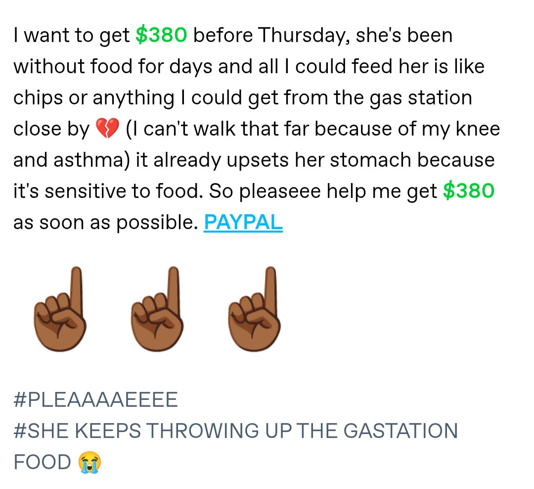 Mayadile's tweet photo. I want to try and get the rest of the $380 before Thursday. I want to at least go out and get her something. It's hard when I can't do a Lyft for us and I had to walk to a gas station to get her food but it upsets her stomach. (Paypal) It's urgent!! https://t.co/lwYPylb600 https://t.co/ox4At1Tutg