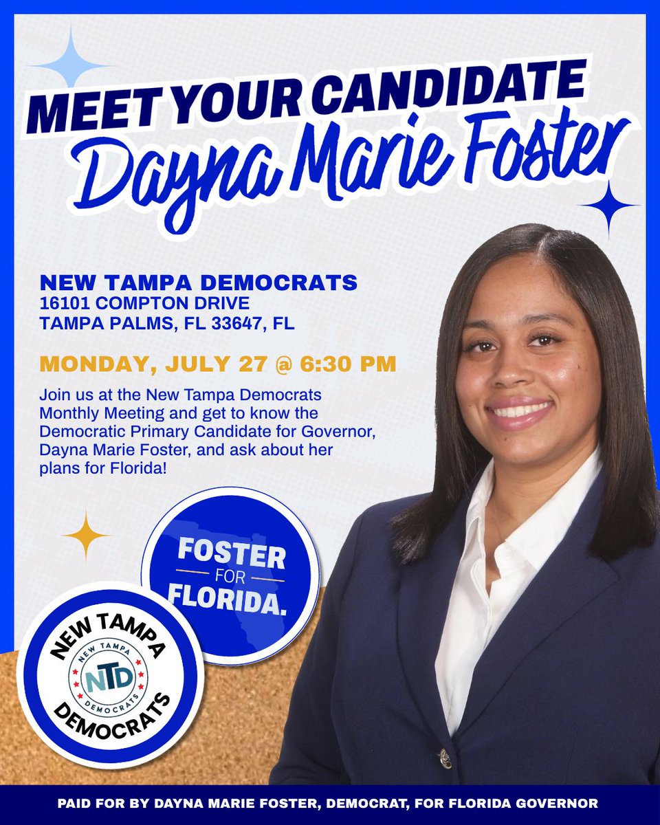 foster4florida's tweet photo. Join the New Tampa Democrats THIS MONTH, 7/27 at 6:30 pm in Tampa, to meet your Democratic Primary Candidate for Governor of Florida, Dayna Marie Foster!

#FosterForFlorida #DaynaMarieFoster #Tampa #FloridaGovernor #BlueFlame🔵🔥 https://t.co/bPs36IY6Zd