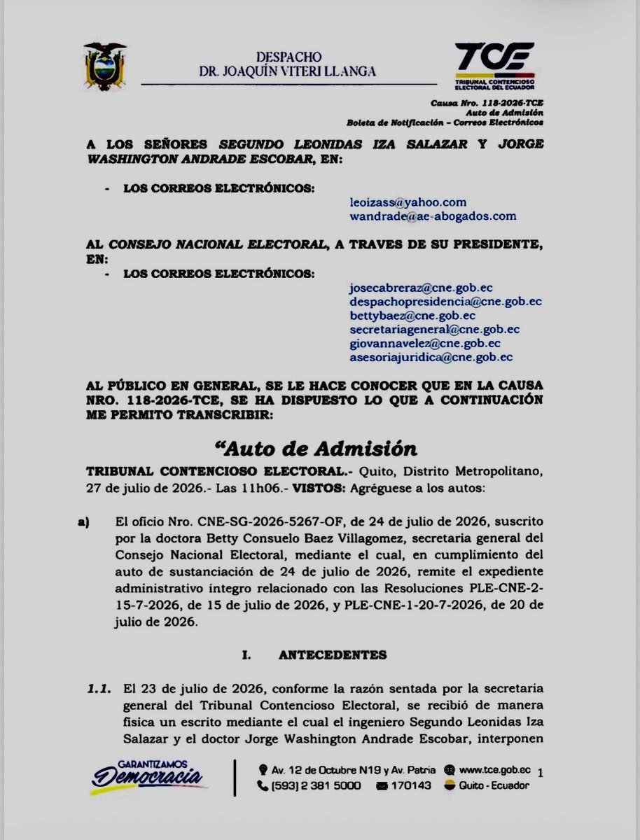 Drwandradee's tweet photo. URGENTE|| Juez Joaquín Viteri admite a trámite el recurso contencioso electoral que impugna la negativa del CNE a entregar los formularios de recolección de firmas para la REVOCATORIA y dispone se notifique también al presidente Mr. Daniel Noboa. 

✍️ Sospechosa “agilidad” pues va a resolver por el “mérito de los autos”; es decir, será que revisa las 22 cajas de cartón🔎
#LaRevocatoriaVaPorqueVA 
#LaUnidadHaceLaFuerza