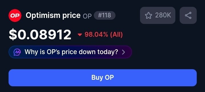 HCha28194's tweet photo. $OP down 98% from ATH and still counting. 💀
Billions raised, "#Superchain " narrative recycled every quarter, and the token still bleeds. Where's the marketing? Where's the actual demand?
Stop dressing up a dying chart with buzzwords. Ship something that matters or step aside. https://t.co/H6dBbgHaJD