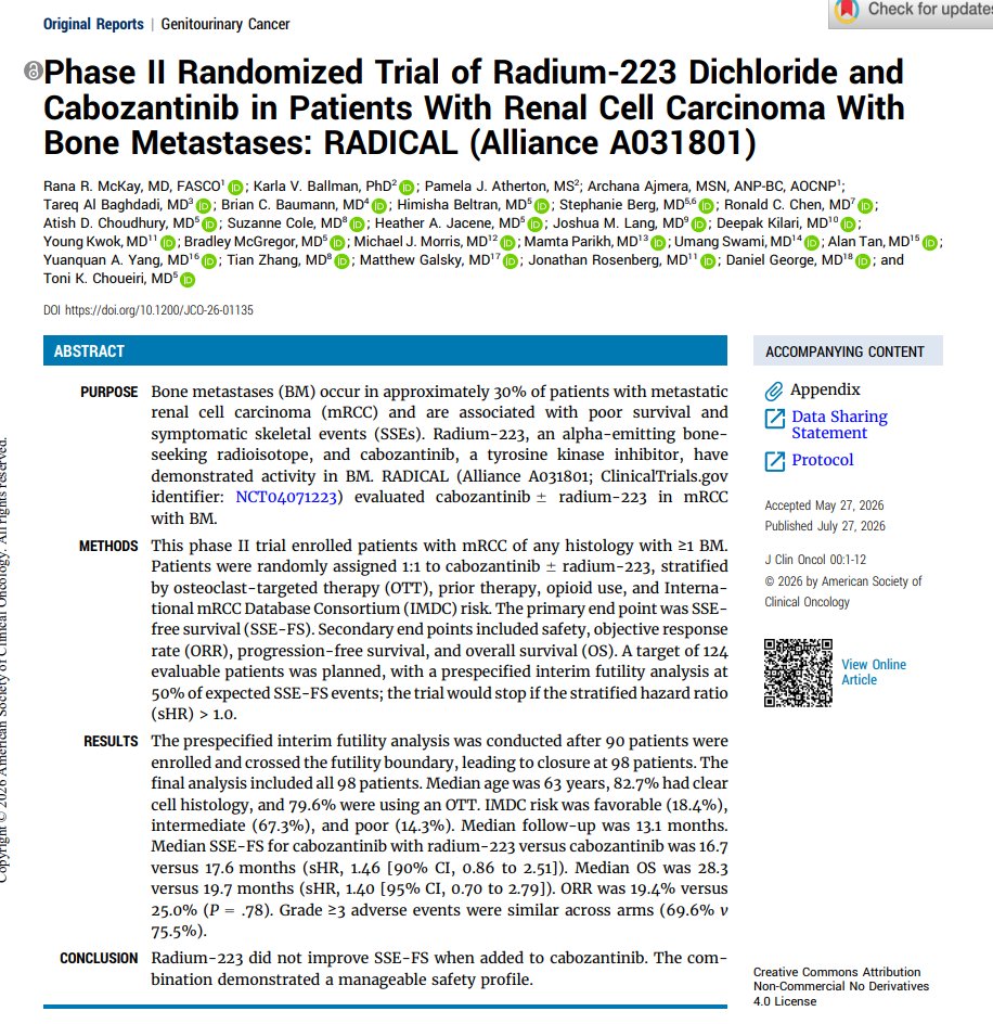DrChoueiri's tweet photo. 1)🚨 Results from #RADICAL (#A031801) are now published in @JCO_ASCO, led by @DrRanaMcKay and @ALLIANCE_org 

A THREAD!

Bone metastases occur in ~30% of patients with metastatic #RCC and are associated with increased skeletal morbidity and worse survival.

RADICAL trial evaluated whether adding radium-223, an α-emitting bone-seeking radiopharmaceutical, to VEGF TKI Cabozantinib could improve outcomes in patients with metastatic RCC + bone metastases

Link:  https://t.co/x1IvplUyWZ

@OncoAlert @OncBrothers @AUC3_Official @Uromigos @ASCO