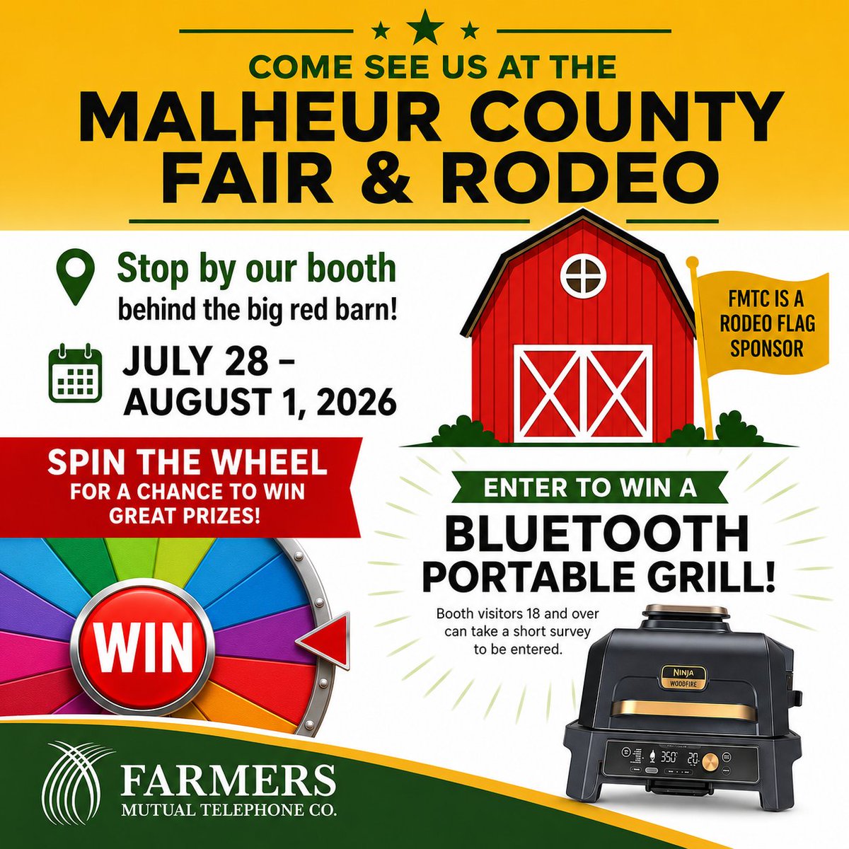 fmtc's tweet photo. It's time for the Malheur County Fair! Stop by our booth behind the red barn to spin our prize wheel! 18 years or over? Enter for a chance to win a Ninja Bluetooth grill!
#fmtcoregon #MalheurCountyFair #prizewheel #hereforyou #fairtime #rodeo #rodeosponsor https://t.co/d0nFlU6gxU
