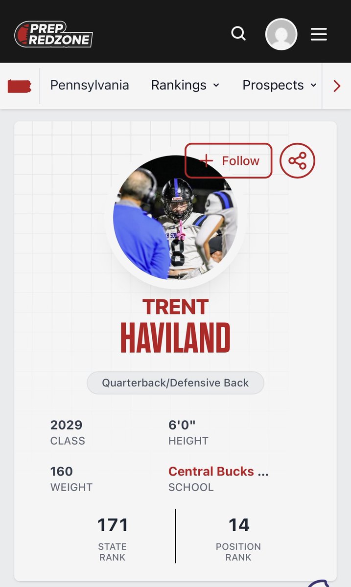 Trenthav72's tweet photo. Redzone Rankings and Articles 
Thanks @PrepRedzonePA for placing me as the 14th ranked 2029 QB in PA. Better things are to come!! 
@PRZVicCastillo @S1insider @ArtisticMayhem1 @CBSouthFootball @Johnny_Cataldo #FootballTwitter #FootballCulture 
#Risingstar https://t.co/0B0qDSBEBr