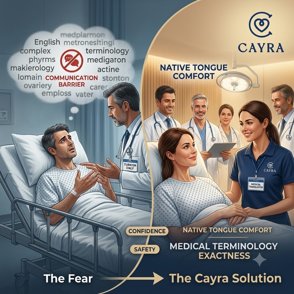 CayraClinic's tweet photo. Imagine entering an operating room without understanding a word spoken around you. 😰

At Cayra, safety starts with clear communication. Our accredited medical translators guide you from pre-op to recovery in your native tongue. 🩺✨

#PatientSafety #treatmentinTurkey https://t.co/u53qljXCGZ