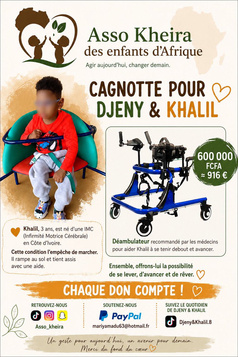 Mkaabaa's tweet photo. Bonsoir à tous, 🤲🏾🤍

Asso Kheira lance une cagnotte pour Khalil, 3 ans, atteint d’une infirmité motrice cérébrale en Côte d’Ivoire 🇨🇮 . Nous souhaitons lui offrir un déambulateur pour l’aider à se tenir debout et marcher.

Merci à tous 🙏🏾🤍

https://t.co/uDaqkPHsMo https://t.co/jDAUT4eqga