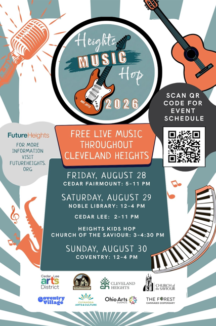 futurehts's tweet photo. HEIGHTS MUSIC HOP IS BACK! Join us Aug 28–30 for 85 local bands across 45 venues in Cleveland Heights! FREE admission!📍Fri 8/28: Cedar-Fairmount (5-11p)
📍Sat 8/29: Noble &amp; Cedar-Lee (12a-11p)📍 Sun 8/30: Coventry (12-4p) Have questions? Email us at info@futureheights.org! https://t.co/6sLLKLBWVq