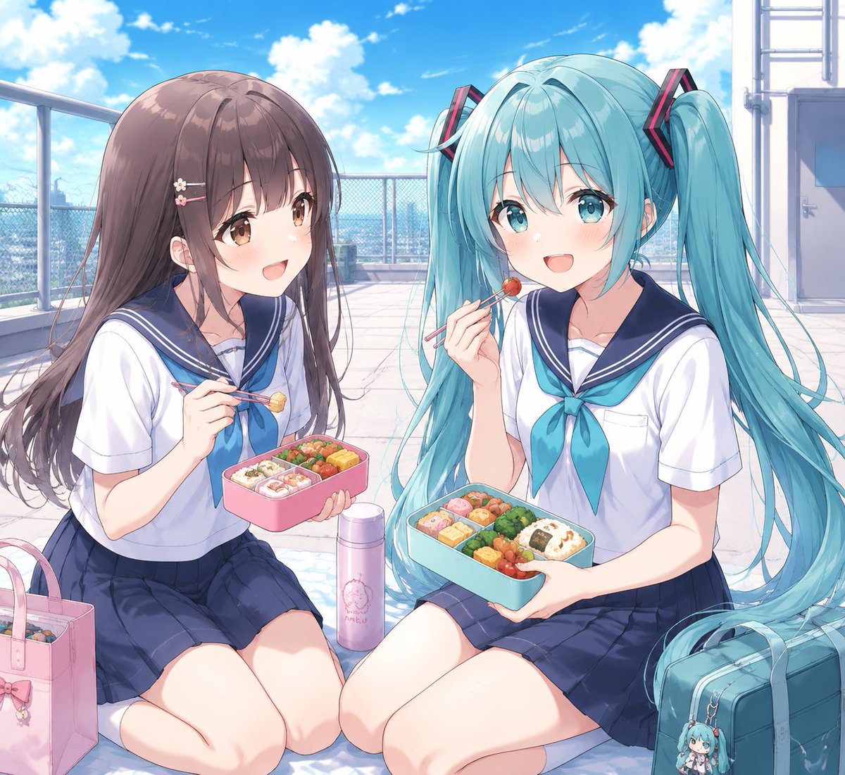 eneagy7423's tweet photo. #AIイラスト 学園シリーズお弁当タイム #初音ミク

クラスメートと屋上でランチするミクさん😋🍱🥢💕 https://t.co/RIzveNTDBx