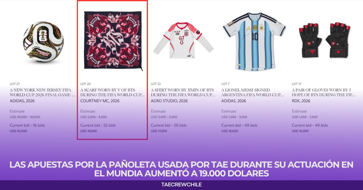 Taecrewchile's tweet photo. Las apuestas por la pañoleta usada por Taehyung durante su actuación en el mundial, aumentó a 19.000 Dólares, Subasta organizada en apoyo al FIFA Global Citizen Education Fund, contribuyendo a iniciativas educativas a nivel global.

#BTSV #v #KimTaehyung #FIFA https://t.co/d3rvmfOy0M
