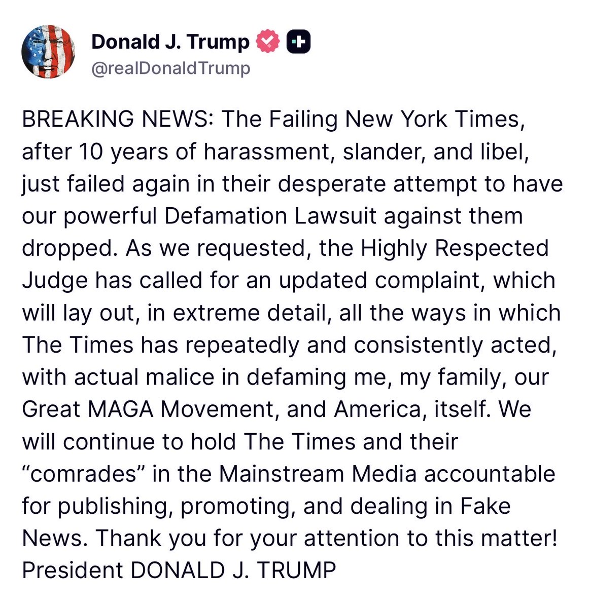 MAGAVoice's tweet photo. 🚨 President Trump just dropped BREAKING News on Truth: the failing New York Times failed at trying to get Trump’s defamation lawsuit dropped

SUE THE NEW YORK TIMES INTO OBLIVION

I VOTED FOR THIS 🔥 https://t.co/z89gC8EQbR