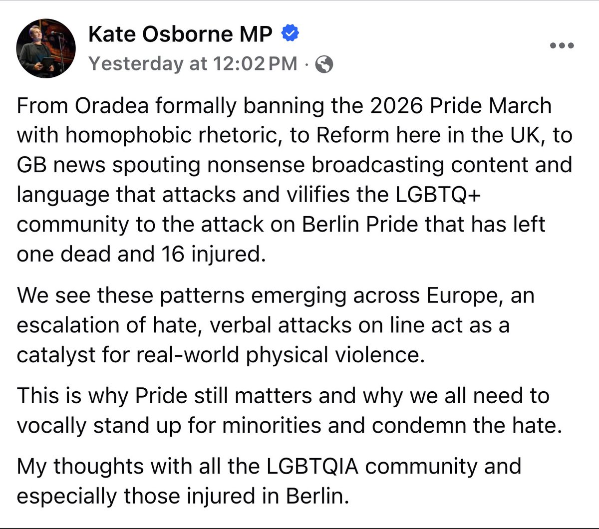MrAndyNgo's tweet photo. Leftist British lawmaker @KateOsborneMP released a statement blaming Reform and conservative media for the deadly Islamic terror attack on the pride event in Berlin. She makes no mention of radical Islam or mass migration.

The deceased Berlin terrorist is an Arab Muslim who had recently been released by German officials after trying to join an Islamic terrorist group. 

Reform has been demonized by people like Osborne even as its immigration spokesperson was brutally m—rdered at her home just two weeks ago. That victim, 78-year-old Ann Widdecombe, was called a transphobe and homophobe for being outspoken about her Christian beliefs.