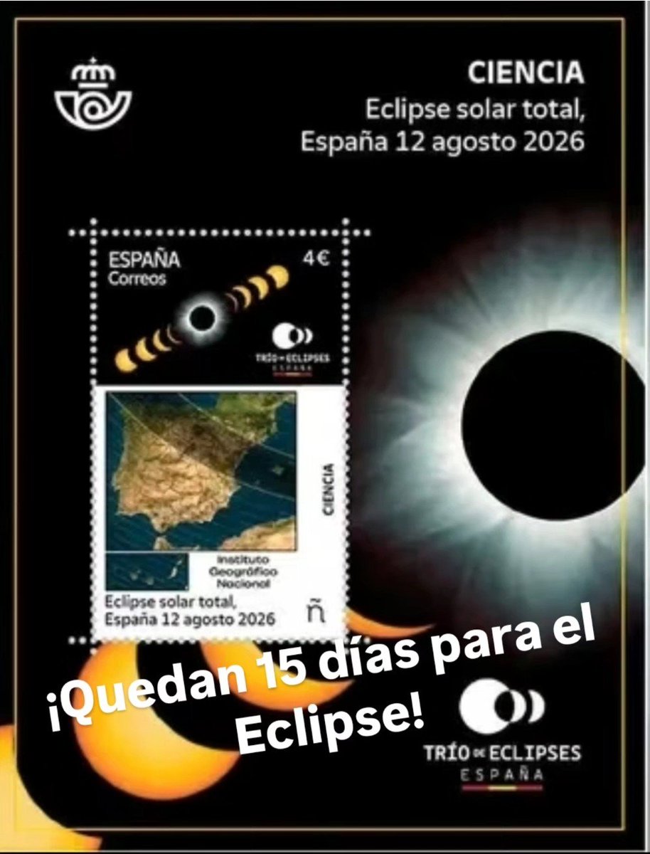 S_Abella's tweet photo. Correos ha emitido un sello conmemorativo del eclipse solar total del 12 de agosto de 2026, para rendir homenaje al fenómeno. La emisión tiene 65.000 ejemplares, pertenece a la serie "Ciencia" y se compone de un sello y una tarjeta especial prefranqueada. #eclipsetotal #eclipse https://t.co/Hk9CfjiSXi