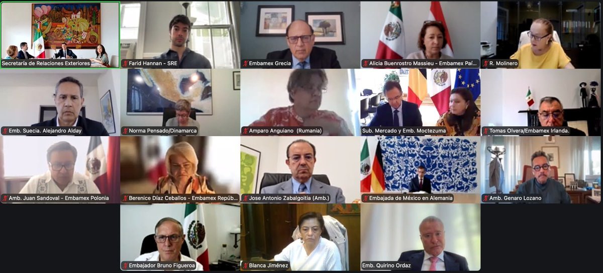 SRE_mx's tweet photo. El secretario Roberto Velasco (@r_velascoa) sostuvo una reunión virtual de trabajo con las personas titulares de las representaciones de México en países de la Unión Europea, a quienes reiteró la prioridad de promover las exportaciones mexicanas hacia los países de su circunscripción. También invitó a redoblar esfuerzos con cada una de esas naciones para atraer inversiones en sectores estratégicos de nuestro país.

Asimismo, el titular de la Cancillería subrayó la importancia de dar seguimiento a los procesos de ratificación del Acuerdo Global Modernizado (AGM) en cada uno de los 27 países de la Unión Europea, tanto con los gobiernos como con los parlamentos de los estados miembros. A través del AGM, México y la UE fortalecerán su diálogo político, cooperación, comercio e inversión.

🇲🇽🇪🇺