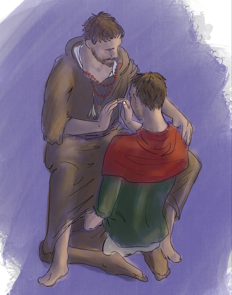 imogenmog's tweet photo. The Charlatan teaching Henry about  onychomancy, a totally legit form of divination: the apprentice stares into the reflections on an oiled fingernail and tells the master what they see…
(this position is absolutely necessary, of course) https://t.co/JRqZQxOnDu