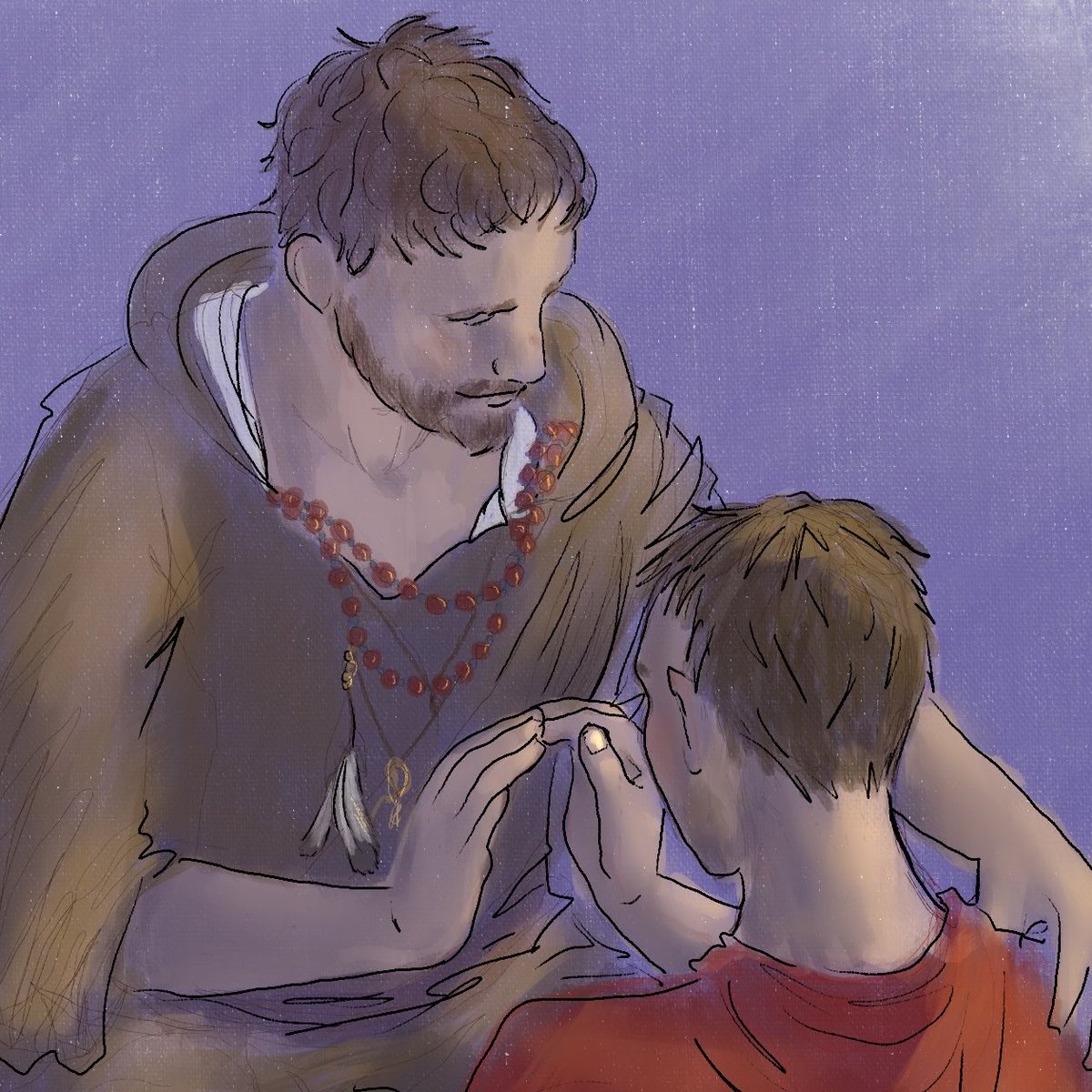 imogenmog's tweet photo. The Charlatan teaching Henry about  onychomancy, a totally legit form of divination: the apprentice stares into the reflections on an oiled fingernail and tells the master what they see…
(this position is absolutely necessary, of course) https://t.co/JRqZQxOnDu
