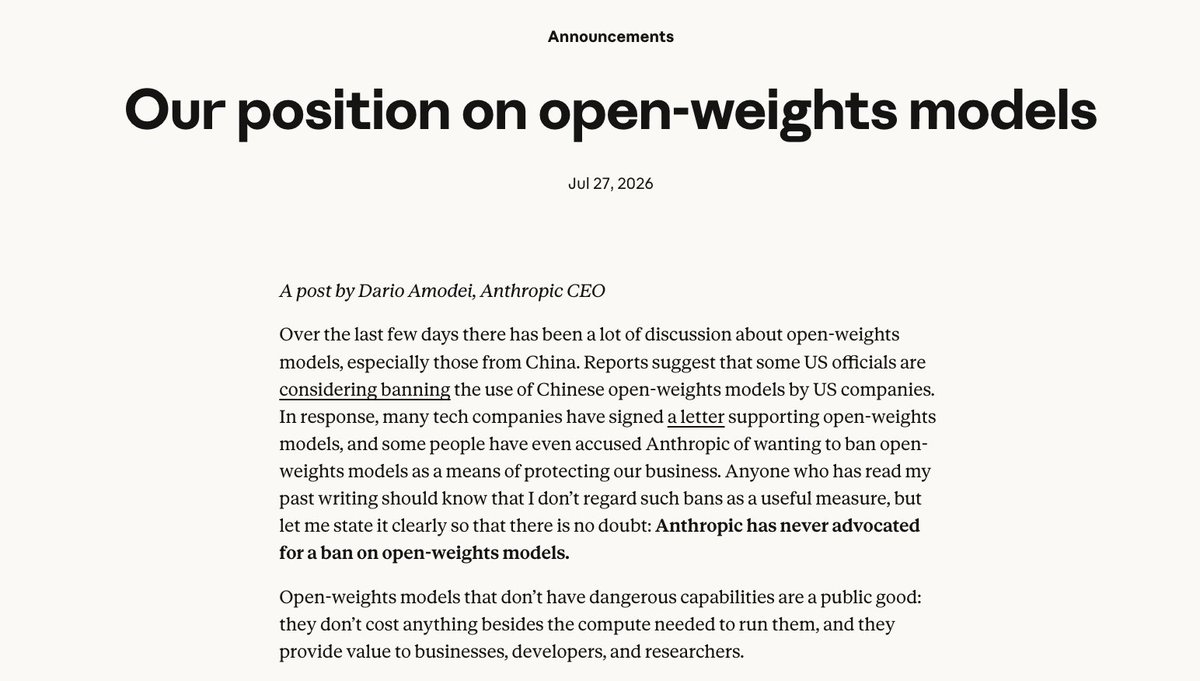Anthropic Clarifies Stance on Open-Weights AI Models
