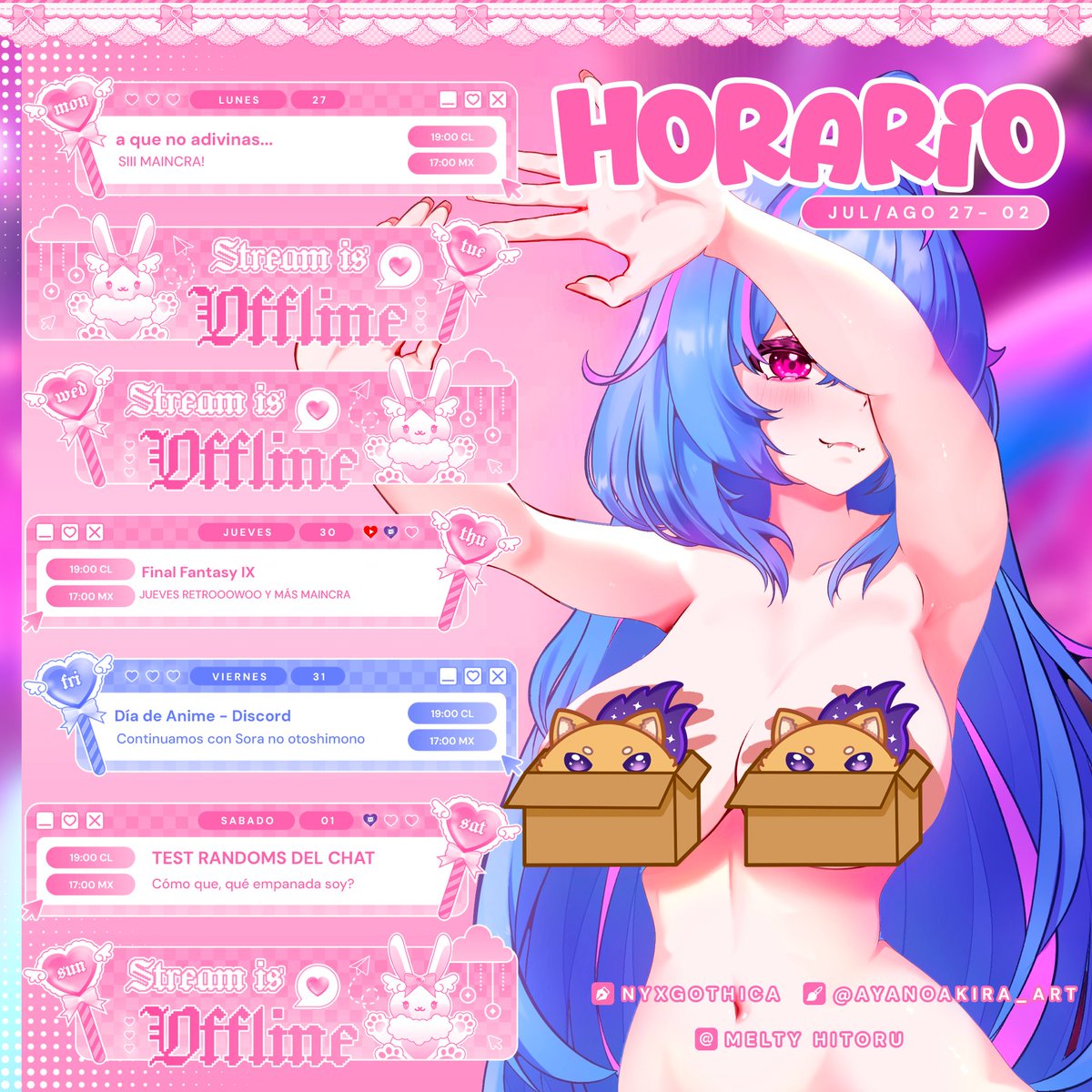 MeltyHitoru's tweet photo. Horario semanal ⟡ˎˊ˗        
| 27 ⟡ 02  JUL/AGO

Semanita cortita porque desfiada, igualmente si tengo tiempo y me siento con las energías, pueden abrirse stages en discord dónde jugaré por ratitos minecraft :3
────── ⭒ ✦ ⭒ ──────

👑: #MeltyHitoru
🔴: #MeltyLIVE
🎨:#MeltyHimeART