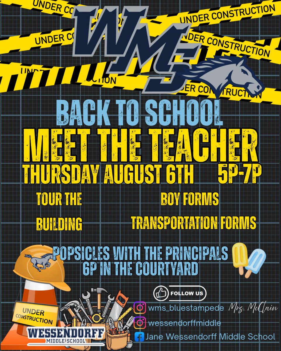 mustangsWMS's tweet photo. Join us for Meet the Teacher at Wessendorff Middle School on Thursday, August 6, from 5:00–7:00 PM! Come meet your teachers, explore the campus, pick up important information, and get ready to kick off an incredible school year.

#BuildingTheBLUEprint #BlueStampede #WMSMustangs https://t.co/4RhWoYSpf1