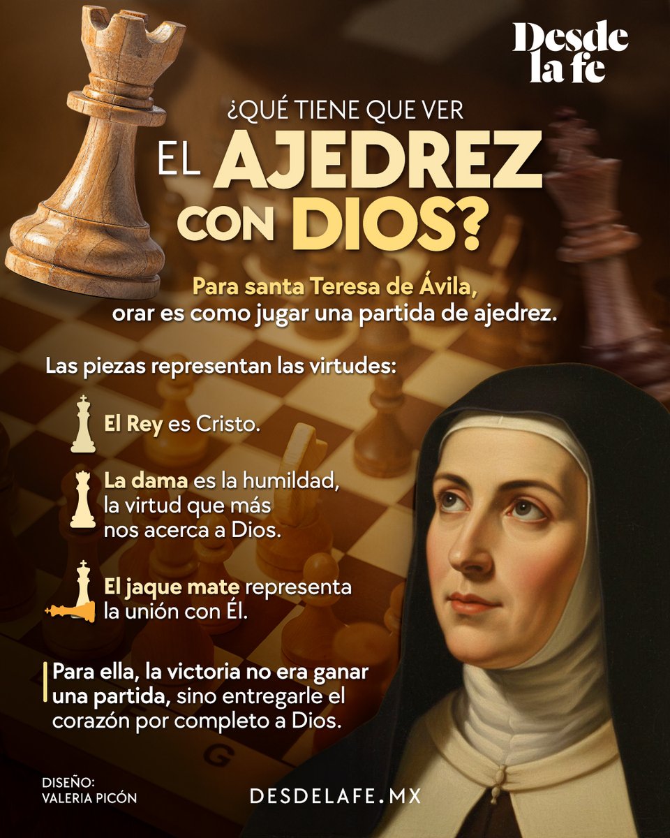 DesdeLaFeMx's tweet photo. ¿Sabías que santa Teresa de Ávila comparó la oración con una partida de ajedrez? ♟️🙏

Te compartimos su reflexión: https://t.co/qEdTtFQOiD

#SantaTeresadeÁvila #Oración #Ajedrez https://t.co/hmr5AGcydY