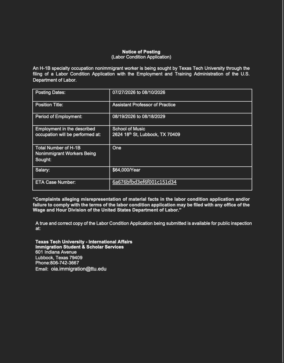 CowtownCaller's tweet photo. BREAKING: TX, H-1B

@TexasTech filed an H-1B Notice of Posting (LCA) for an Assistant Music Professor today

Will Americans not teach music anymore? https://t.co/uYkFnOiYpq