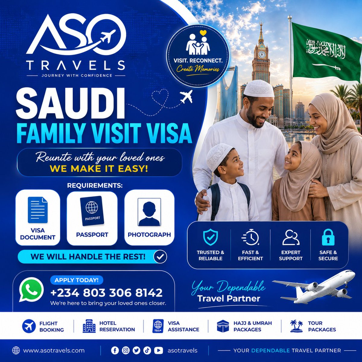 AsoTravels's tweet photo. Let us handle your 🇸🇦 Saudi Family Visit Visa.
Reconnect with your loved ones in Saudi Arabia with ease.

Contact us on WhatsApp: +234 803 306 8142 

#SaudiVisa #FamilyVisitVisa #AsoTravels #TravelMadeEasy #NigeriaToSaudi https://t.co/pzSkv3ChBS