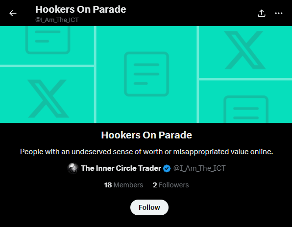 Dear_ICT's tweet photo. @no_bbod_yy00 @I_Am_The_ICT @Jeremy859153445 be careful asking him questions, he just blocks you and throws you into a group called "Hookers On Parade". If you call him out on something that he can't explain then he DEFINITELY will throw you in here https://t.co/Xj2ZbG6RTc