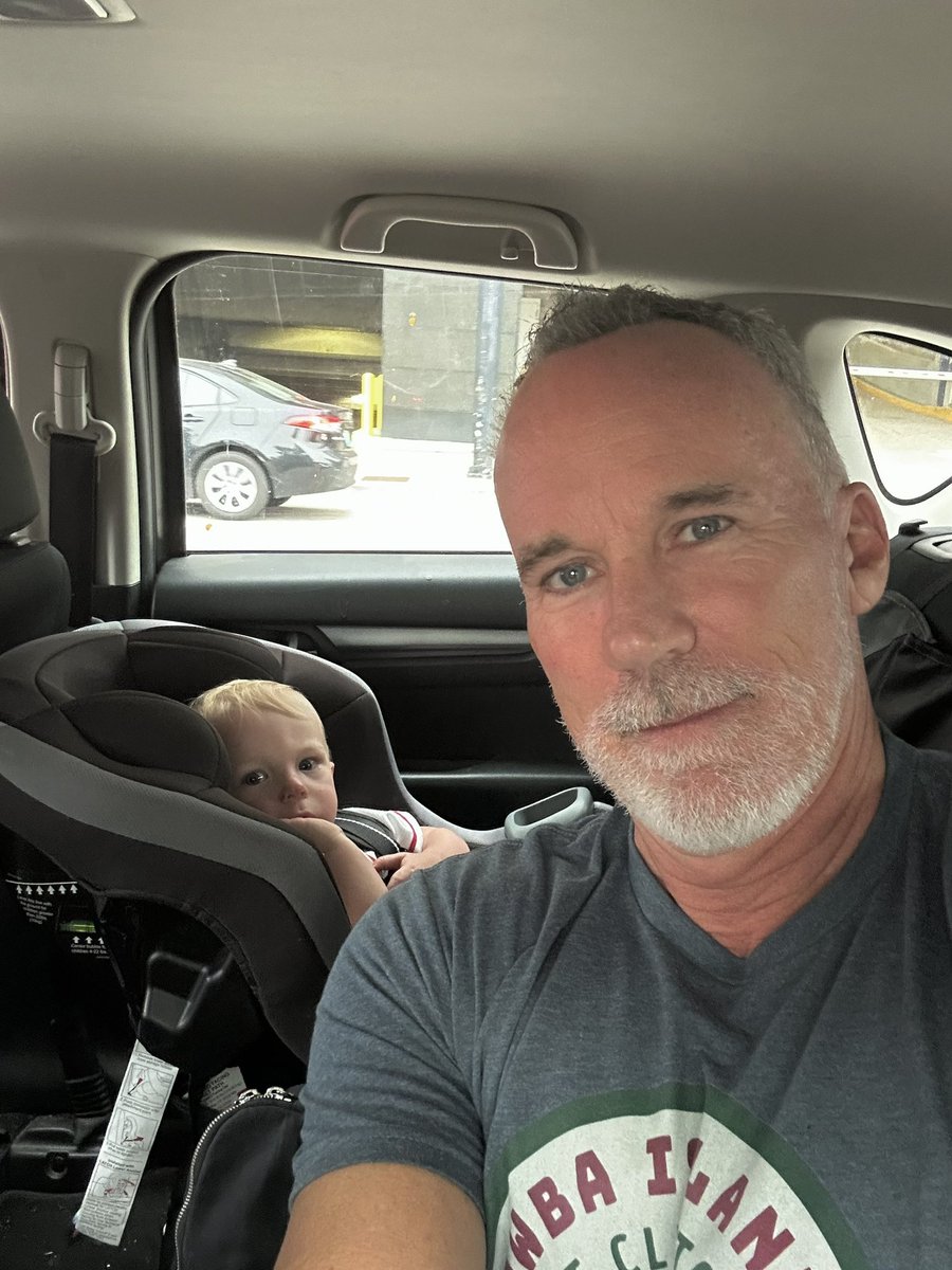 Buccigross's tweet photo. Me and the Grandson (Julian), and son (he's driving) heading to Cleveland vs @Reds tonight. My first 3 generation baseball game. https://t.co/ZBbAm2LQDY
