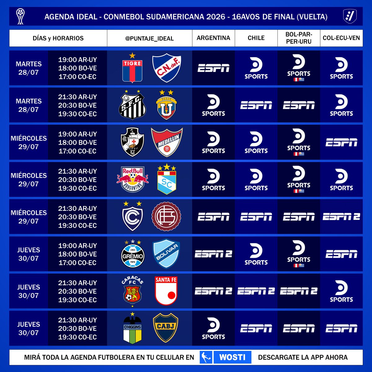 Puntaje_Ideal's tweet photo. ⚽️ #AgendaIdeal | Programación de los partidos de vuelta de los 16avos de final de la #Sudamericana 2026 por las señales de #ESPN y @DSports.

📌 Mirá la agenda deportiva completa en nuestra app, disponible en Android (https://t.co/iC3ELIR1kk) y iOS (https://t.co/F365GLNDwx) https://t.co/rtqX2RV9E7