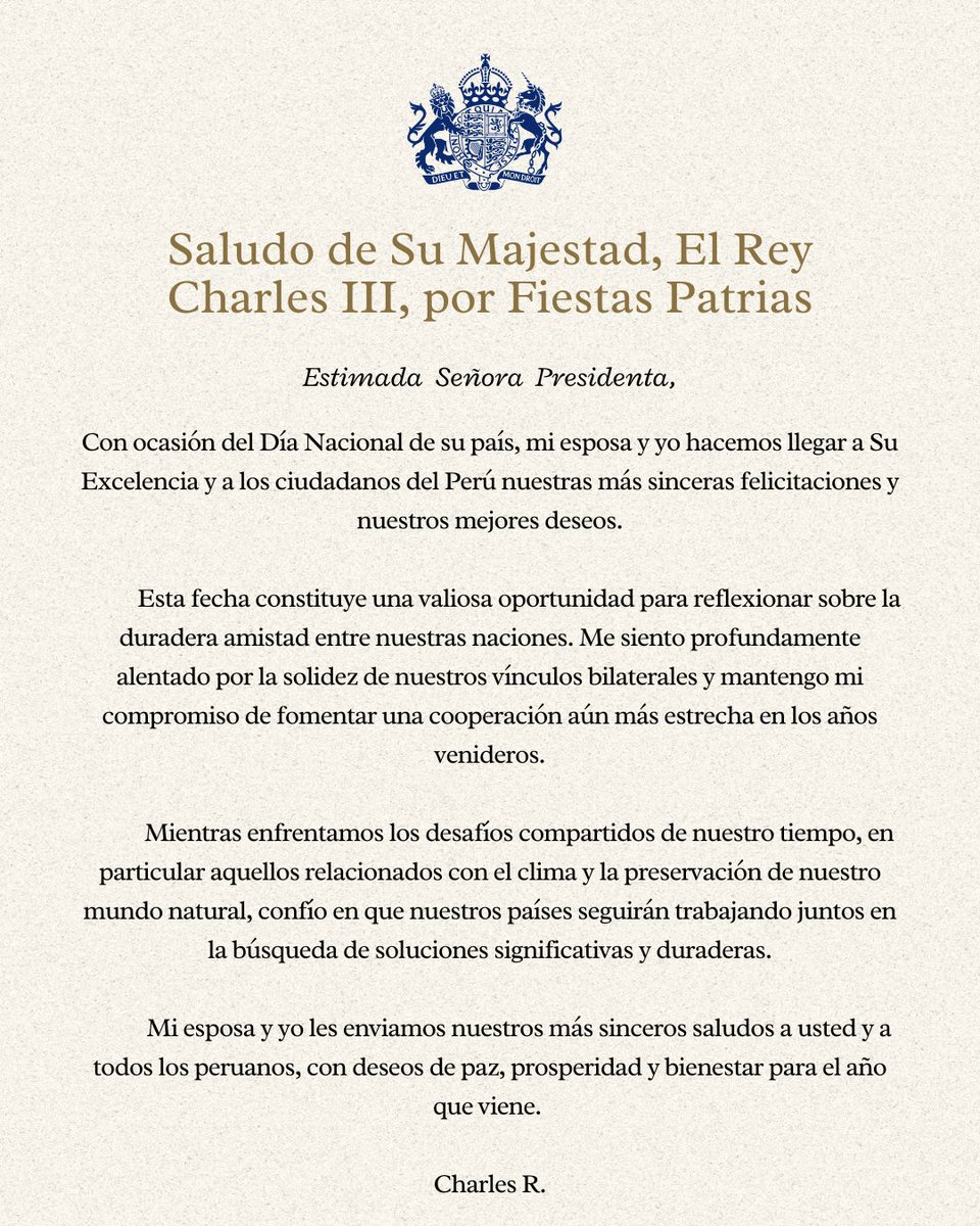 UKinPeru's tweet photo. Saludo de Su Majestad, el Rey Charles III, en honor a Fiestas Patrias.
🇬🇧🤝🇵🇪 https://t.co/dd50eSb1AG