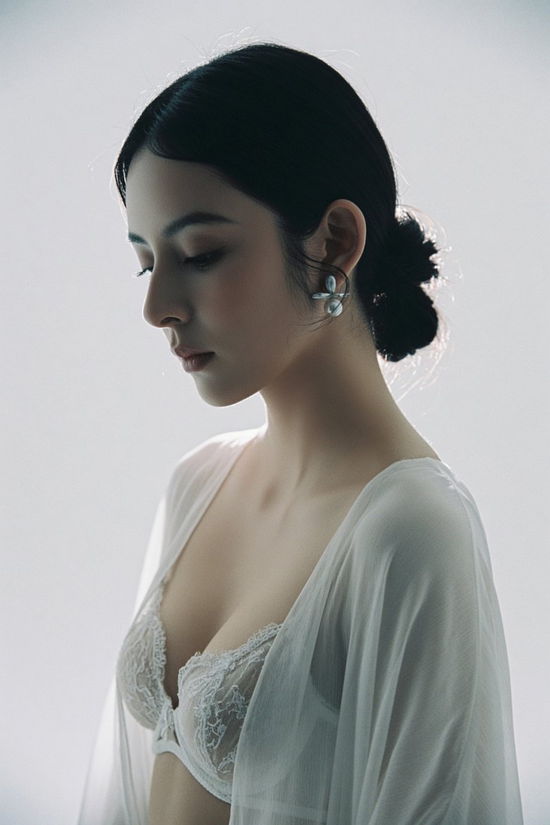 ToroJushiAi's tweet photo. GPT Image 2 on ChatGPT

Prompt ⬇️⬇️⬇️
一位年轻成年东亚女性，上半身近景肖像，画面从胸部以上至头顶。人物位于画面中央略偏右，身体微微侧向左侧约20度，头部轻轻转向镜头，双眼平静凝视镜头，神情克制、优雅、安静，没有刻意微笑，嘴唇自然闭合，流露高级时尚杂志质感。

她拥有精致鹅蛋脸，流畅下颌线，白皙暖调肤色，杏仁形深棕眼睛，细长自然眉，鼻梁纤细，浅裸粉色嘴唇。妆容极简，仅有轻薄底妆、自然眼妆、淡淡腮红和裸色唇妆。保留真实皮肤纹理、细小毛孔、绒毛、自然肤色渐变及柔和高光，禁止塑料磨皮。

黑色长发整齐中分，低发髻盘于脑后，发丝顺滑服帖，仅有少量细碎发丝自然垂落耳边。佩戴一对现代极简珍珠耳饰，银色金属与珍珠组合，精致但不过分抢眼。

服装采用高级内衣与轻薄罩衫搭配：白色蕾丝薄纱文胸，精细花卉刺绣蕾丝纹理，外披一件乳白色半透明雪纺或真丝罩衫，自然垂落肩部，布料轻盈飘逸，形成柔和层次感。

背景为纯净奶油白渐变背景，没有家具，没有装饰，仅保留极轻微空间层次。整体采用高键影调、低饱和、低对比莫兰迪色彩，以白色、奶油色、暖肤色和浅灰色组成柔和配色。

柔和自然窗光从画面左前方照射，形成极柔软的大面积漫射光，脸部几乎没有硬阴影，眼睛具有自然Catchlight，背景逐渐虚化。整体呈现日式胶片、Fine Art、时尚杂志封面风格，安静、纯净、空气感强。

摄影参数：85mm 或 105mm 人像镜头，f/1.8，浅景深，眼睛极锐利，背景奶油化虚化，真实头发层次、真实布料纤维、真实蕾丝纹理、自然皮肤微反射，轻微 ISO100 胶片颗粒，Kodak Portra 160 色彩倾向，photorealistic，ultra realistic，soft cinematic grading，editorial portrait photography。

避免：塑料皮肤、AI磨皮、HDR、高饱和、高对比、夸张妆容、错误手指、错误耳朵、畸形五官、CG质感、动漫风、杂乱背景、家具、文字、水印、Logo。