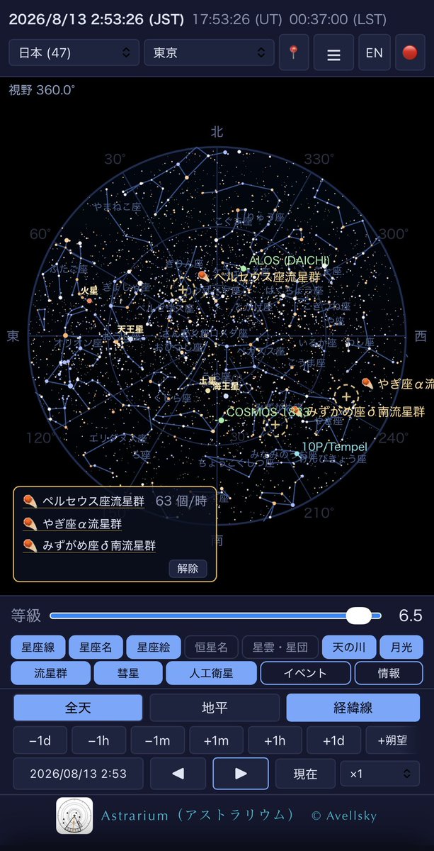 AvellSky's tweet photo. プラネタリウムアプリ「アストラリウム Astrarium」を公開しました！観測地と日時を決めれば、その場所・その時刻の空をそのまま描きます。天体の位置は すべて端末の中で計算するので、電波の届かない山の上でも全機能がそのまま動きます。 肉眼で見える星9,096個、メシエ・カルドウェル天体155個を写真と解説つきで内蔵。 広告なし、課金なし、アカウント登録なし。ダウンロードはこちら↓

■ すべて内蔵。通信は要りません
恒星 9,096個（エール輝星星表 BSC5／約8等まで＝肉眼で見える星をすべて）
星雲・星団・銀河 155個（メシエ天体＋カルドウェル天体、写真と解説つき）
IAU 88星座の星座線 672本と星座絵
天の川（Tycho-2 星表の星の光を積算した全天マップ）
惑星・月の暦（JPL DE421）と表面テクスチャ、月の秤動・月齢・満月の呼称
主要流星群16件、MPC観測所コード、世界の観測地と日本の星空観察スポット

■ 観測に使える機能
全天モードと地平モード、写野1分角までの拡大
任意の日時へジャンプ、最大×6000の連続再生、朔望月送り
惑星の拡大表示：視直径・輝面比・地心／日心距離・軌道要素。木星・土星・火星の 衛星配置は、タップすれば各衛星の諸元まで
流星群カレンダー：極大日時、輻射点高度、月齢条件、ZHRと放射点高度から求めた 予想出現数
人工衛星：CelesTrak の TLE を取得し、ISS・天宮などの可視パスを予報
彗星・小惑星：MPC／JPL から軌道要素を取得して星図に重ねる
4座標系の経緯線、天の赤道・黄道・子午線、写野角枠（Seestar／DWARF／カメラレンズ）
薄明と月明かりを織り込んだ限界等級、ナイトモード（赤色画面）、PNG／PDF出力、 音声解説つきデモ再生

■ 位置情報について
現在地は「その場所の空」を計算するためだけに使い、端末の外へは一切送信しません。 許可しなくても、観測地の一覧から選ぶか緯度・経度を入力すれば、すべての機能を 同じように使えます。

広告なし、アプリ内課金なし、アカウント登録なし。収録データの出典とライセンスは アプリ内の「クレジット・出典」に明記しています。

#星図 #プラネタリウム #天体観測 #星座 #流星群 #人工衛星 #彗星 #小惑星 #星雲 #オフライン #天文 #月齢 #惑星 #ISS

Astrarium is out — a planetarium app that computes every position on device.
9,096 stars (BSC5, complete to naked-eye limit), 155 Messier/Caldwell objects with photos, JPL DE421 ephemerides, Tycho-2 Milky Way map.
Full functionality offline. Free, no ads, no IAP, no account.

https://t.co/HaC21RngdN