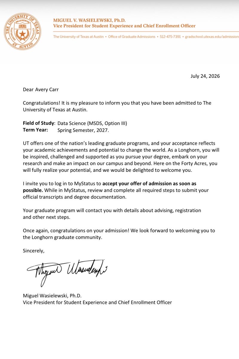 ATCarrMath's tweet photo. Excited to share that I’ve accepted my offer of admission to The University of Texas at Austin!
Looking forward to beginning the M.S. in Data Science (MSDS) program in Spring 2027. Hook’em 🤘
#UTAustin #MSDS #DataScience https://t.co/xNvDUYklbW