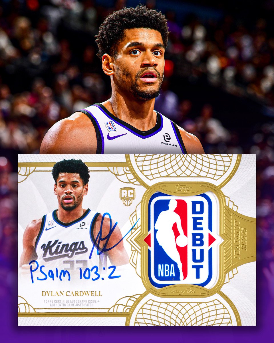 Topps's tweet photo. Sacramento Kings Rookie Dylan Cardwell inscribed Psalm 103:2 on his 1/1 NBA Debut Patch card 💜 https://t.co/Q7lZwWIa2w