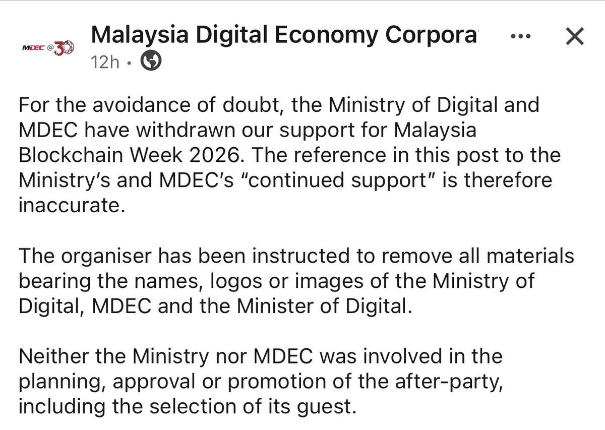 masterofnone's tweet photo. Looks like the Ministry of Digital and all relevant agencies have withdrawn their support for MY Blockchain Week 

Event organisers instructed to remove all logos and images of Ministry and Minister https://t.co/0BpDrcT6Fh