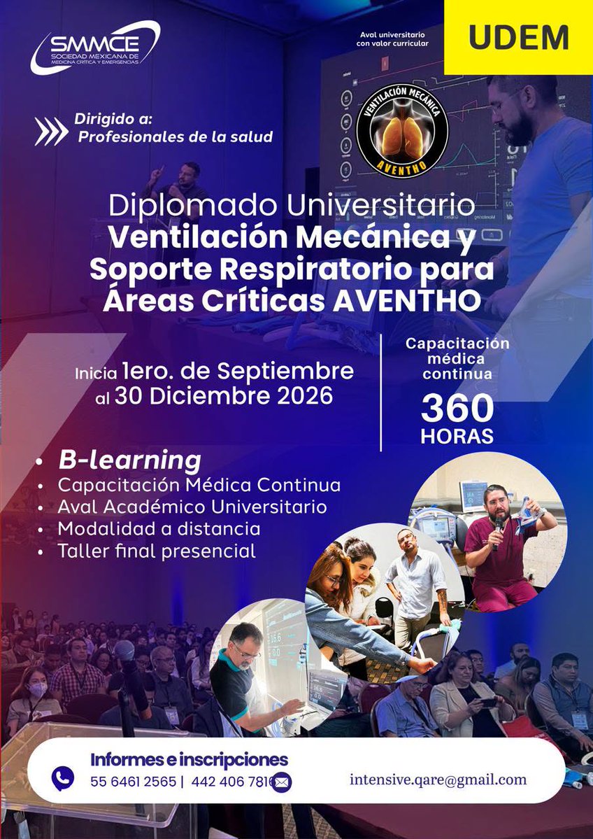 vm_aventho's tweet photo. https://t.co/N9D9aShNKB
📷 Fortalece tus competencias en el manejo del paciente crítico.
Prepárate con el Diplomado Universitario en Ventilación Mecánica y Soporte Respiratorio para Áreas Críticas AVENTHO,#Diplomado #AVENTHO #SMMCE #UDEM https://t.co/GJKgegYi8M